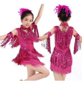 Fuchsia hot pink yellow gold turquoise blue black red sequins fringes tassels girls kids children performance competition school play latin salsa cha cha ballroom dance dresses outfits